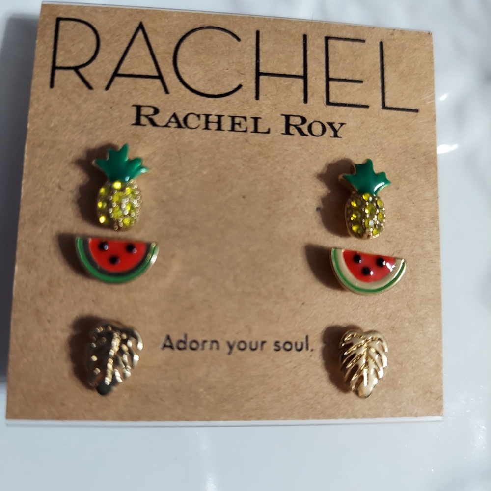 Rachel Roy Textured Polished Gold Tone/Fun Fruit Earrings Trio (Set Of 3)